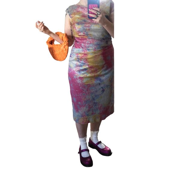 Flattering Teri Jon by Rickie Freeman Silver & Colourful Dress Size 12 - Picture 4 of 16